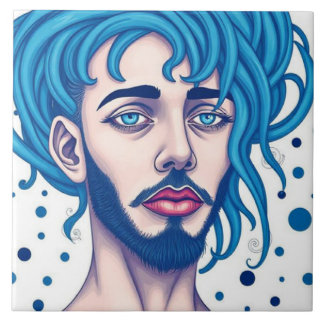 Azulejo Head Of Bearded Blue Haired Alien Sci-Fi Art