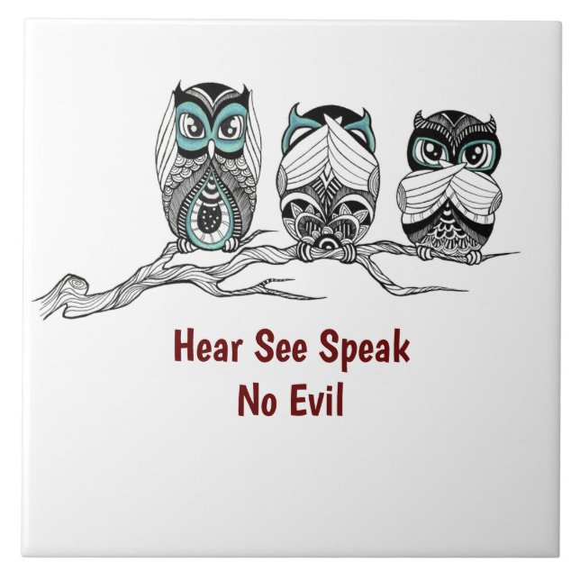 Azulejo Hear See Speak No Evil Owls (Frente)
