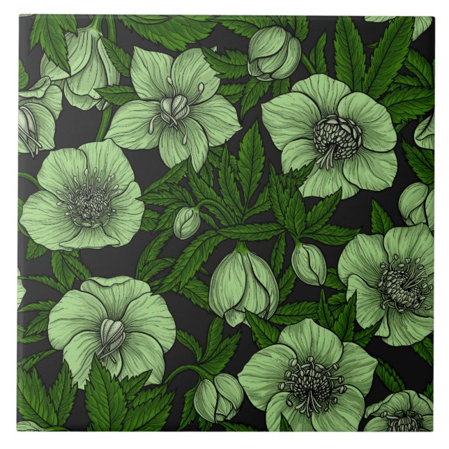 Azulejo Hellebores blancos con hojas (Frente)