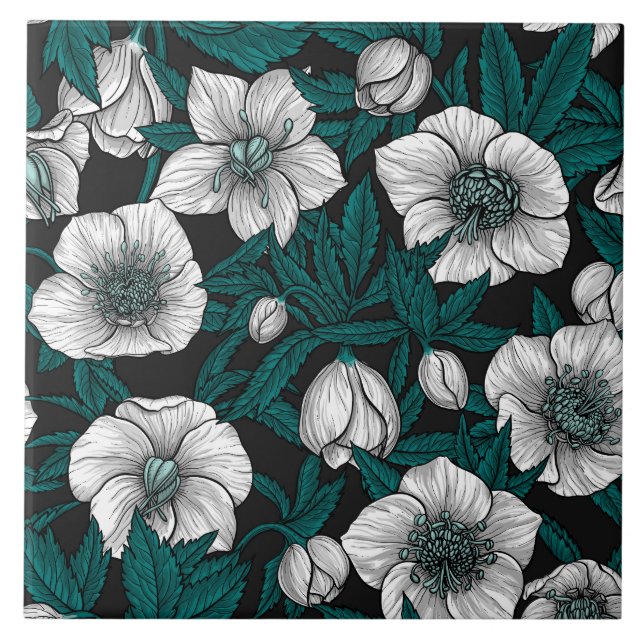 Azulejo Hellebores blancos con hojas azules (Frente)
