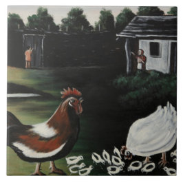 Azulejo Hen with her Chicks in a Rural Farmyard Landscape