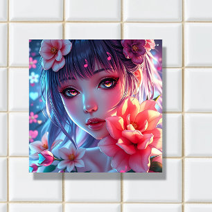 Azulejo Hermosa Anime Chica Glitchcore Floral