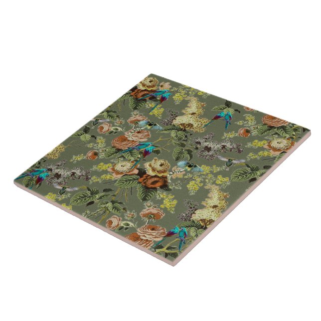 Azulejo Hermosa ave exótica, fondo verde pantano (Lado)