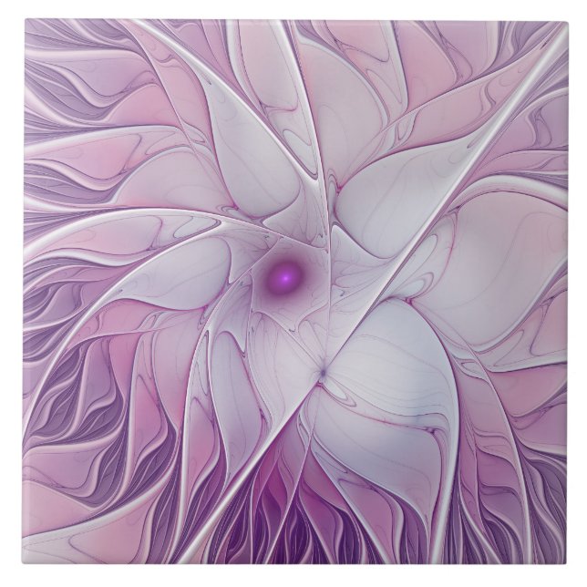 Azulejo Hermosa Flor Rosa Moderna Resumen Arte Fractal (Frente)