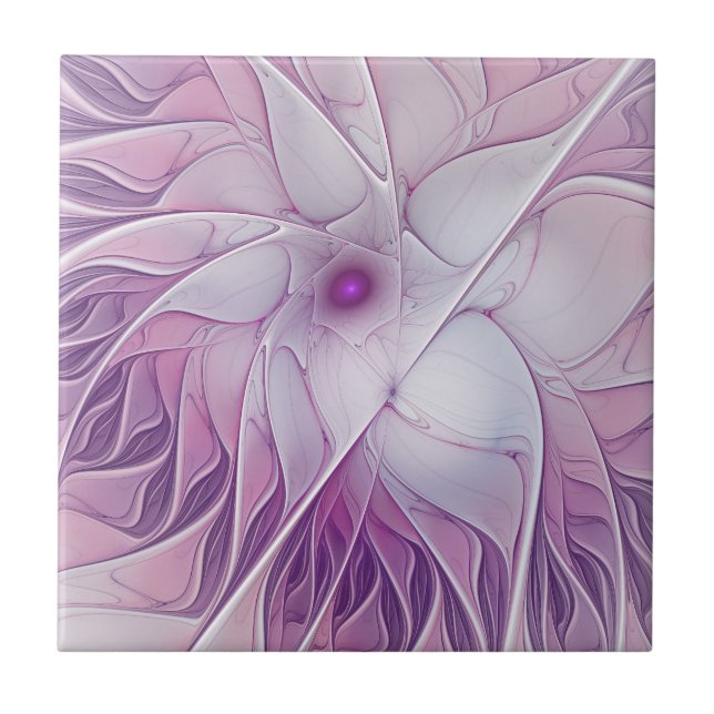 Azulejo Hermosa Flor Rosa Moderna Resumen Arte Fractal (Frente)