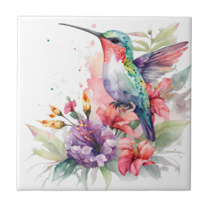 Azulejo Hermosa impresión de colibrí en acuarela vibrante