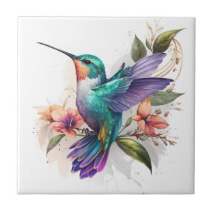 Azulejo Hermosa impresión de colibrí en acuarela vibrante
