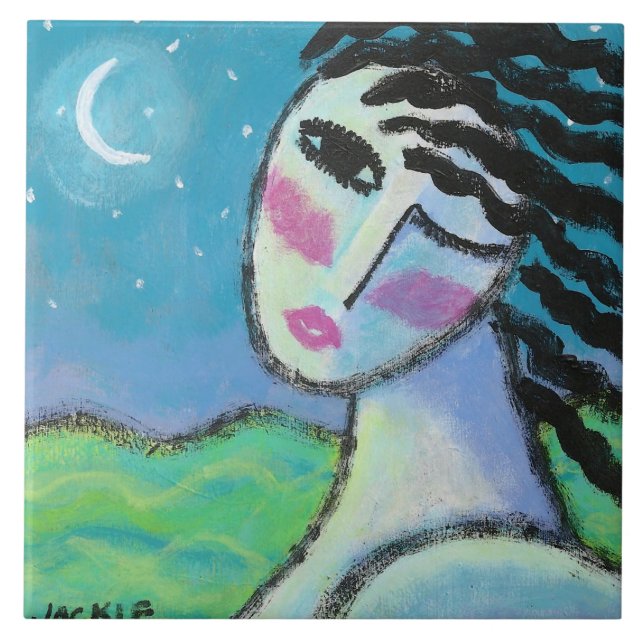 Azulejo Hermosa Luna Original Resumen Arte Tejido Cerámico (Frente)