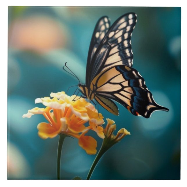 Azulejo Hermosa Mariposa en una Flor (Frente)