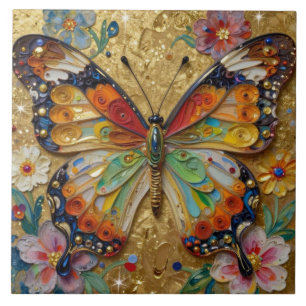 Azulejo Hermosa Mariposa y Flores en Impasto