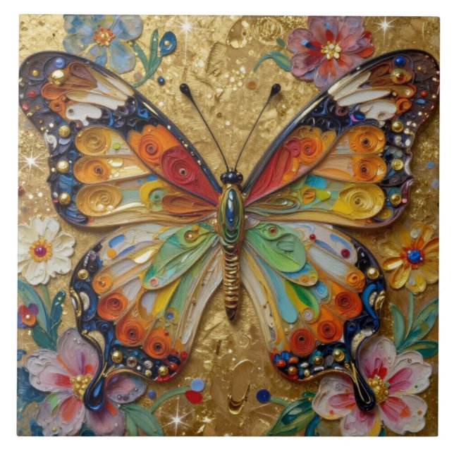 Azulejo Hermosa Mariposa y Flores en Impasto   (Frente)