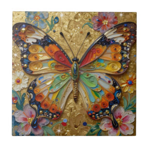 Azulejo Hermosa Mariposa y Flores en Impasto