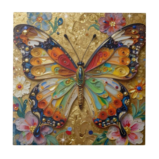 Azulejo Hermosa Mariposa y Flores en Impasto   (Frente)
