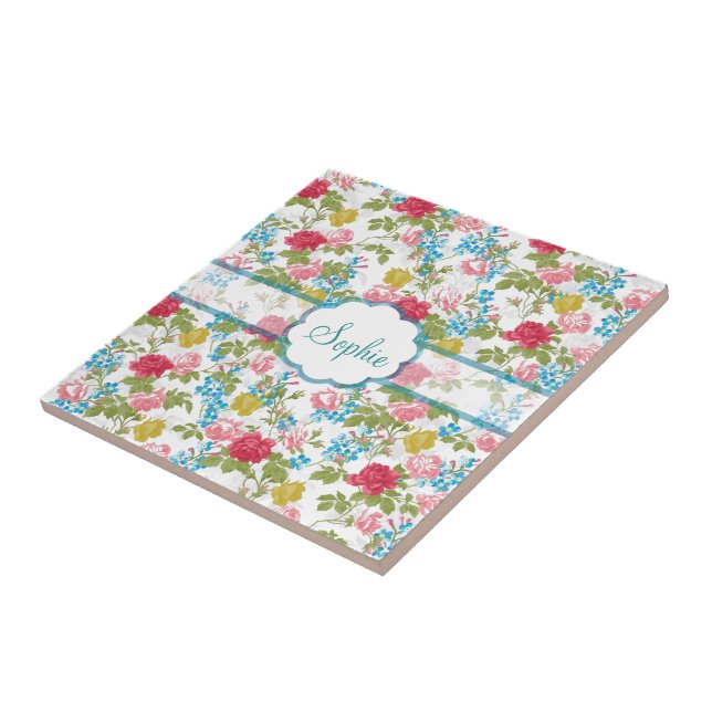 Azulejo Hermosa moda vintage rosas de moda estampado flora (Lado)