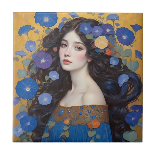 Azulejo Hermosa Mujer Con Glorias De Mañana (Frente)