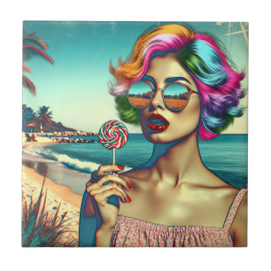 Azulejo Hermosa mujer de arte pop retro con pop