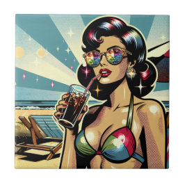 Azulejo Hermosa Mujer Pinup con una Cola en la playa