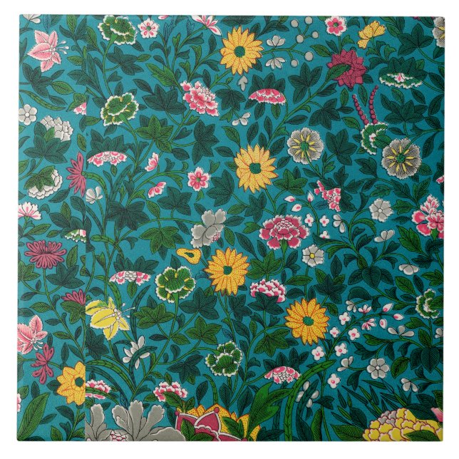 Azulejo Hermosa negrita Floral Boho Azul Verde (Frente)
