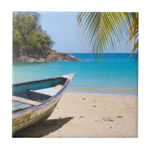 Azulejo Hermosa playa tropical con lancha