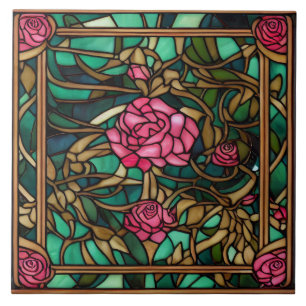 Azulejo Hermosa Rosa Floral Intrincada de Vidrio Emplomado