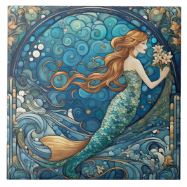 Azulejo Hermosa Sirena Art Nouveau Art Decó Estilo Azul