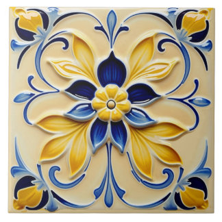 Azulejo Hermosa tela cerámica amarilla y azul floral.