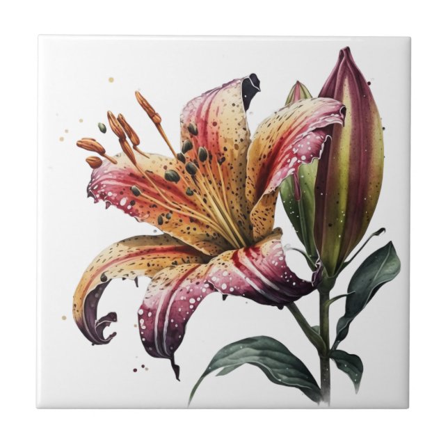 Azulejo Hermosa tela cerámica botánica Lily Vintage (Frente)