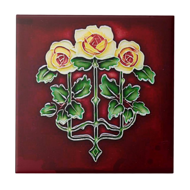 Azulejo Hermosa tela cerámica de estilo Art Nouveau Rosa (Frente)
