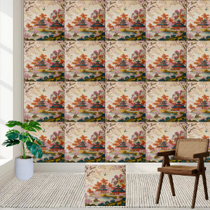 Azulejo Hermosa tela de estilo asiático floral Chinoiserie