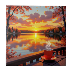Azulejo Hermosa vista del lago al amanecer con café calien