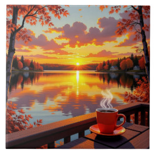 Azulejo Hermosa vista del lago al amanecer y café caliente