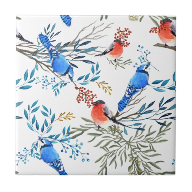 Azulejo Hermosas aves acuarelas y patrones de follaje (Frente)