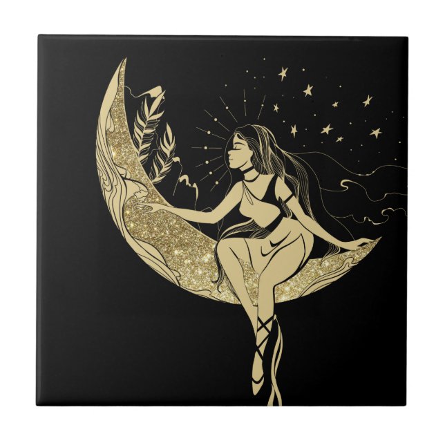 Azulejo Hermosas estrellas de luna mujeres ilustracion art (Frente)