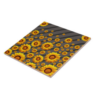 Azulejo Hermosas flores amarillas sobre rayas grises y neg