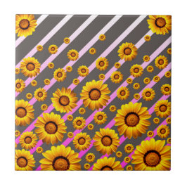 Azulejo Hermosas flores amarillas sobre rayas grises y ros