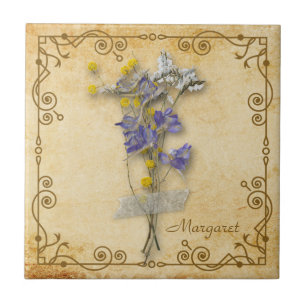 Azulejo Hermosas flores beige secas de época con nombre