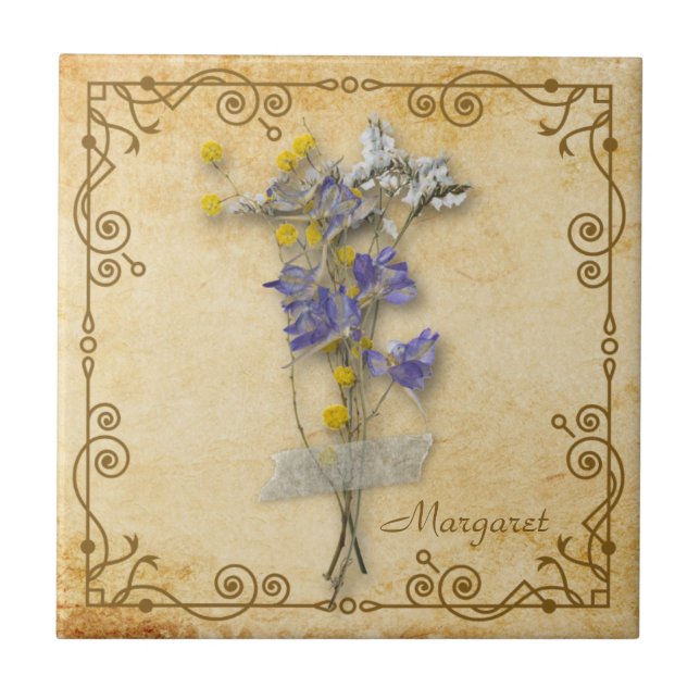 Azulejo Hermosas flores beige secas de época con nombre (Frente)