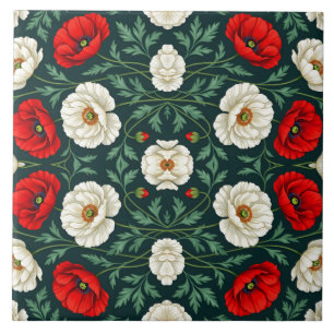 Azulejo Hermosas flores de amapola blancas y rojas con pat