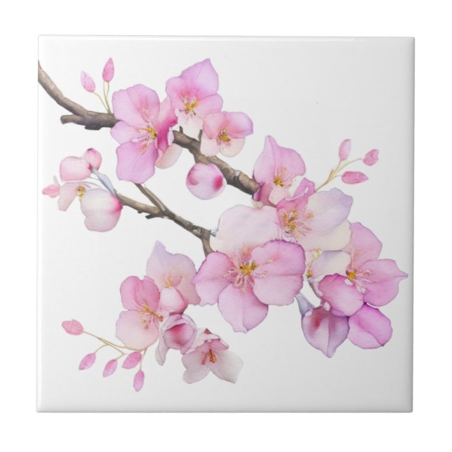 Azulejo Hermosas flores de cerezo acuarela rosa (Frente)