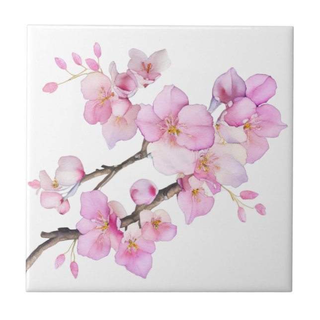 Azulejo Hermosas flores de cerezo acuarela rosadas (Frente)