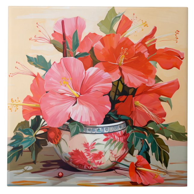 Azulejo Hermosas flores de Hibiscus, rosadas/rojas, (Frente)
