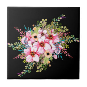 Azulejo Hermosas flores que sobresalen sobre negro