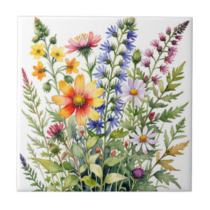 Azulejo Hermosas flores silvestres coloridas pintura acuar