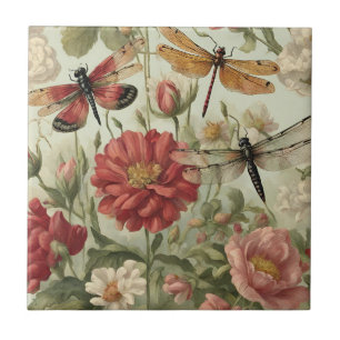 Azulejo Hermosas flores y libélulas de época