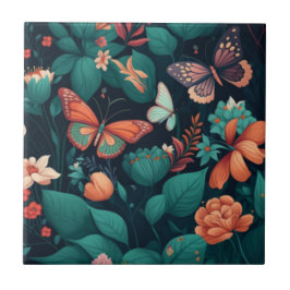 Azulejo Hermosas flores y mariposas en la jungla