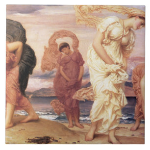 Azulejo Hermosas griegas cogiendo piedras en una playa