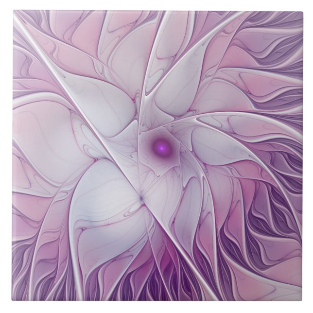 Azulejo Hermoso Arte Abstracto Fractal de Flor Rosa (Frente)