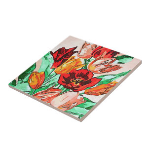 Azulejo Hermoso Bouquet Floral Tulipanes Arte Contorno Neg