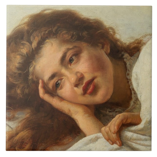 Azulejo Hermoso Chica en cama con pelo rojo (Frente)