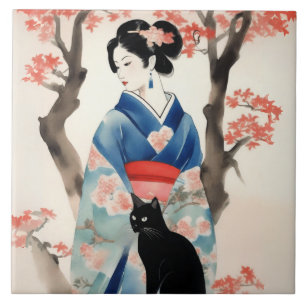 Azulejo Hermoso Chica japonés con un gato negro